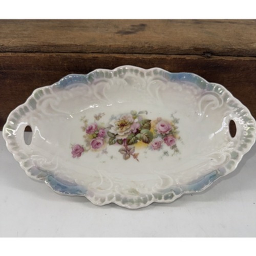Trinket Tray Porcelain Bavaria Germany Oval Vintage w/Handles Foral Design